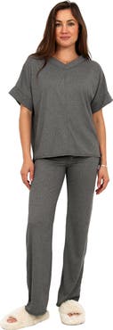 24seven Comfort Apparel Womens Basic Ribbed Knit Dolman Sleeve V-Neck Top and Drawstring Wide Leg Pant Set