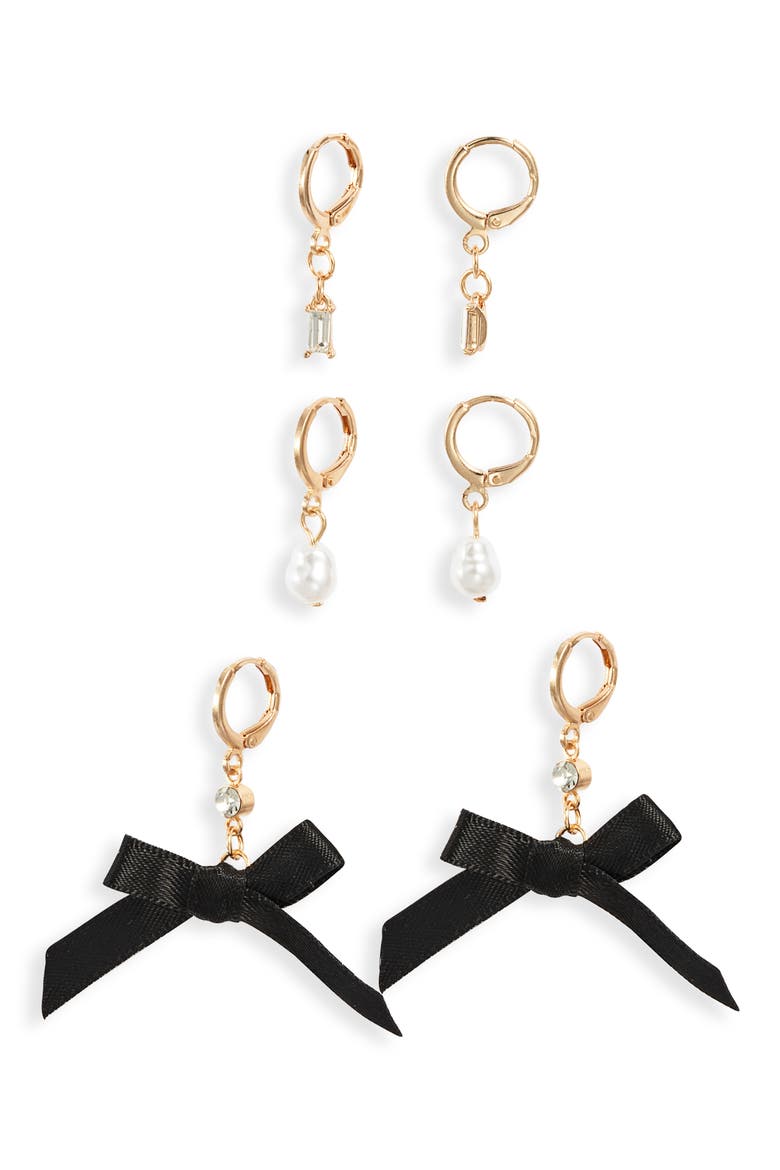 Set of 3 Pretty Bow Drop Earrings, Main, color, GOLD- IVORY- BLACK