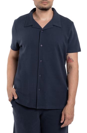 Shop Spring + Mercer Classic Fit Textured Knit Camp Shirt In Dusty Ink Blue