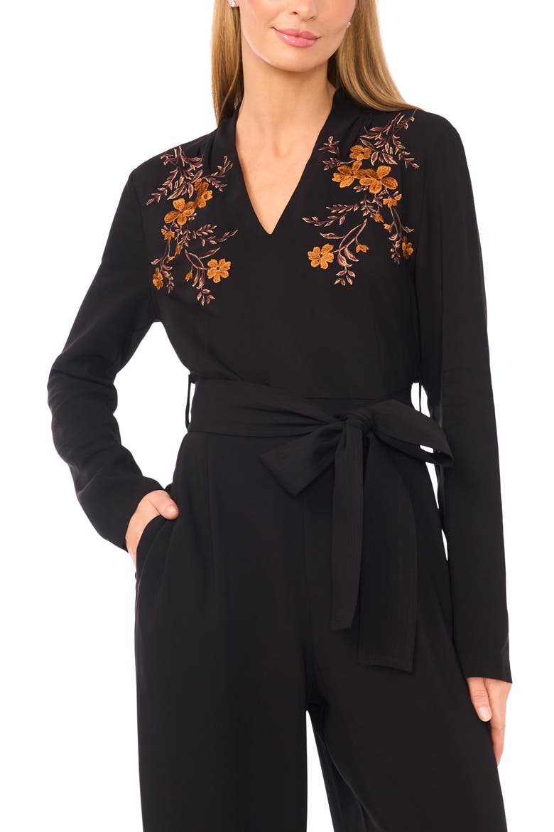 Floral Embroidered Long Sleeve Wide Leg Jumpsuit, Alternate, color, RICH BLACK
