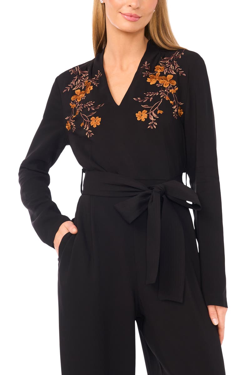 Ted Baker Floral Embroidered Long Sleeve Wide Leg Jumpsuit, Alternate, color, Rich Black