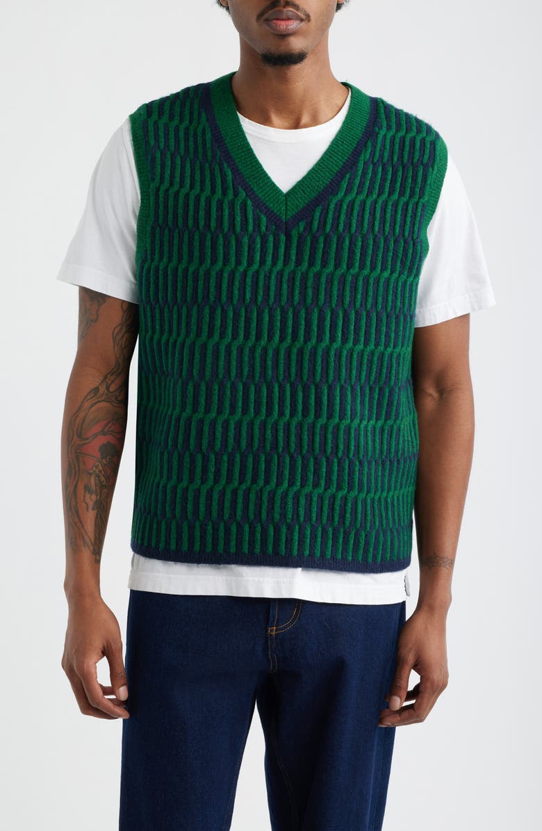 Topman Geo Pattern V-Neck Vest, Main, color, Medium Green