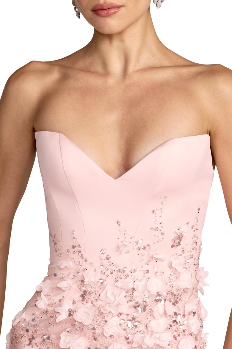 Floral Satin Strapless Sweetheart Gown With Slit, Alternate, color, Blush