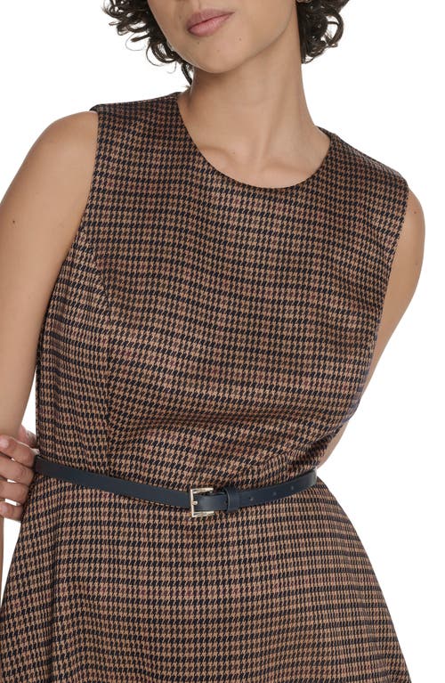 Tommy Hilfiger Houndstooth Sleeveless Belted Fit & Flare Dress In Brown