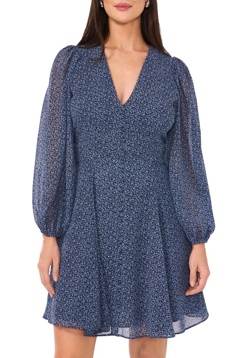 Floral V-Neck Long Sleeve Button Front Dress, Alternate, color, INDIGO NIGHT