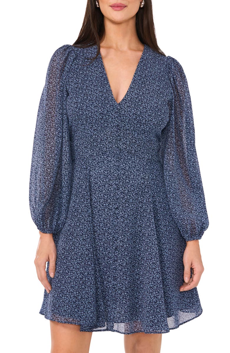 1.STATE Floral V-Neck Long Sleeve Button Front Dress, Alternate, color, Indigo Night