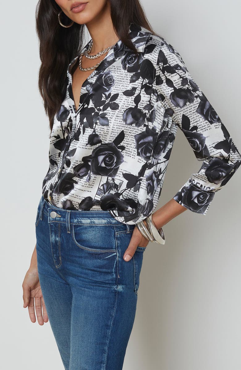 L'AGENCE Dani Floral Silk Charmeuse Blouse, Alternate, color, White/ Black Rose Newspaper