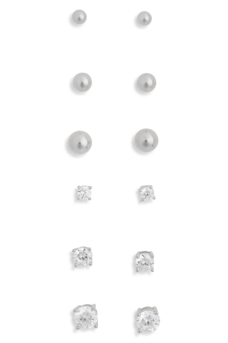 Set of 6 Ball & Cubic Zirconia Stud Earrings, Main, color, CLEAR- SILVER
