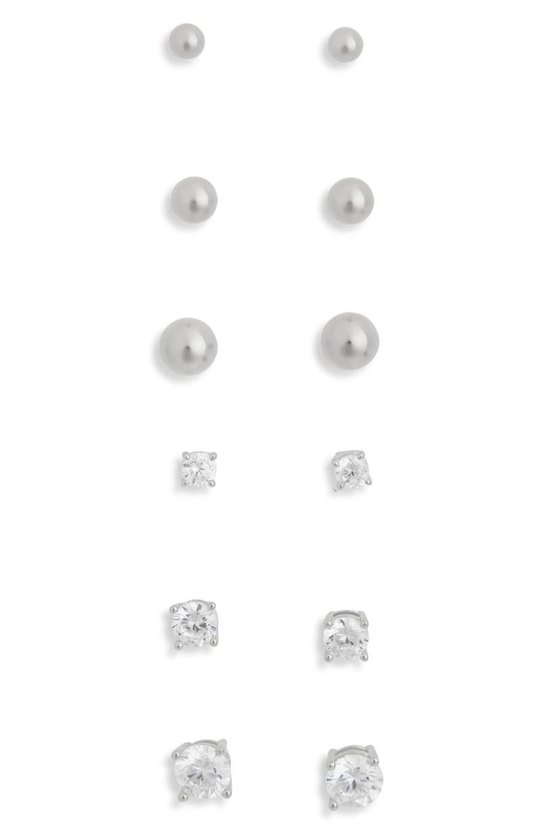 NORDSTROM RACK Set of 6 Ball & Cubic Zirconia Stud Earrings, Main, color, Clear- Silver