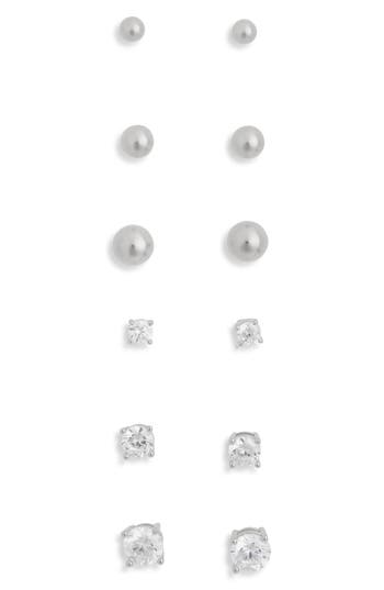 Nordstrom Rack Set Of 6 Ball & Cubic Zirconia Stud Earrings In Clear- Silver