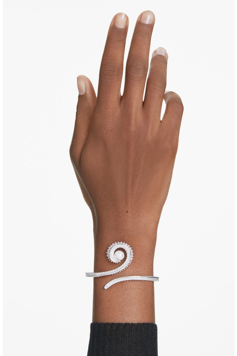 x Ariana Grande Treble Clef Crystal & Faux Pearl Bangle Bracelet, Alternate, color, WHITE/ SILVER