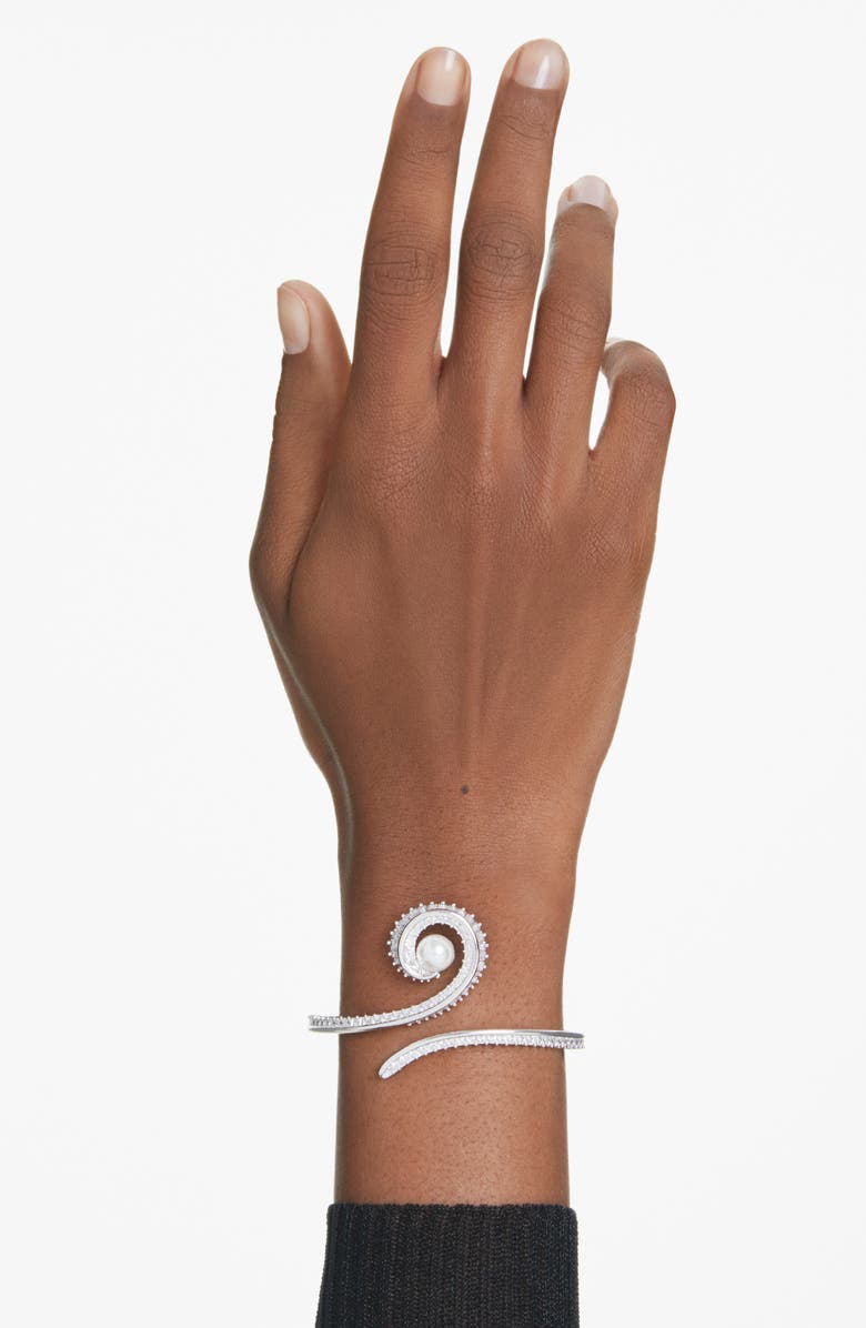 Swarovski x Ariana Grande Treble Clef Crystal & Faux Pearl Bangle Bracelet, Alternate, color, White/ Silver