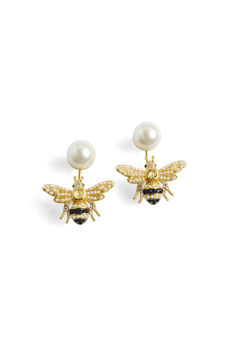 Bill Skinner Studio Bejewelled Pearl Bee Earrings, Main, color, Bee