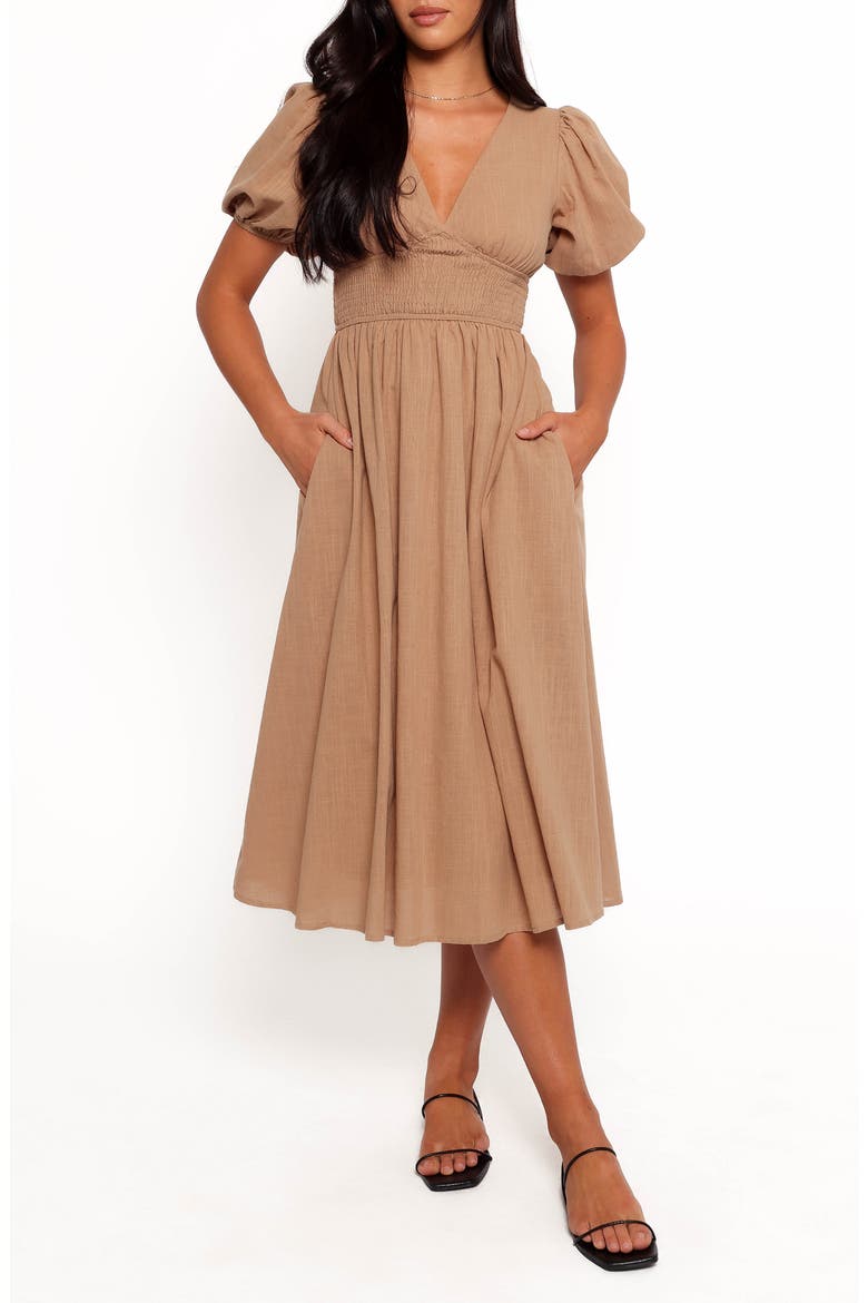 Ronnie Short Sleeve Empire Waist Midi Dress, Main, color, TAN