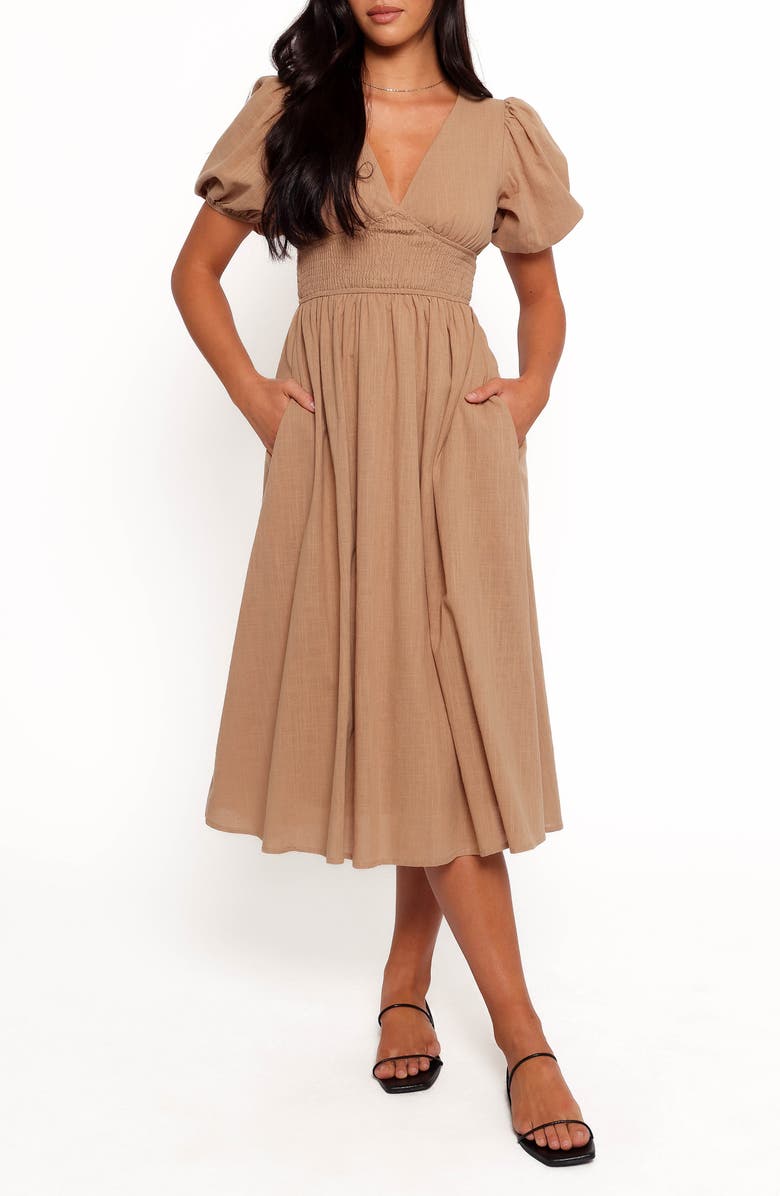 Petal & Pup Ronnie Short Sleeve Empire Waist Midi Dress, Main, color, Tan