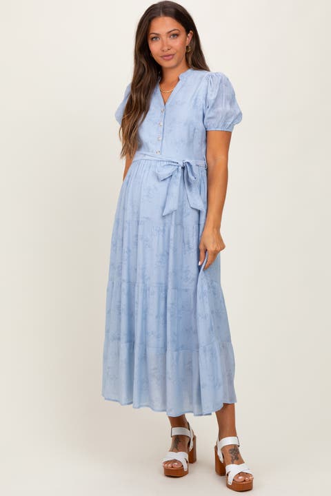 Blue Split Neckline Tiered Midi Dress