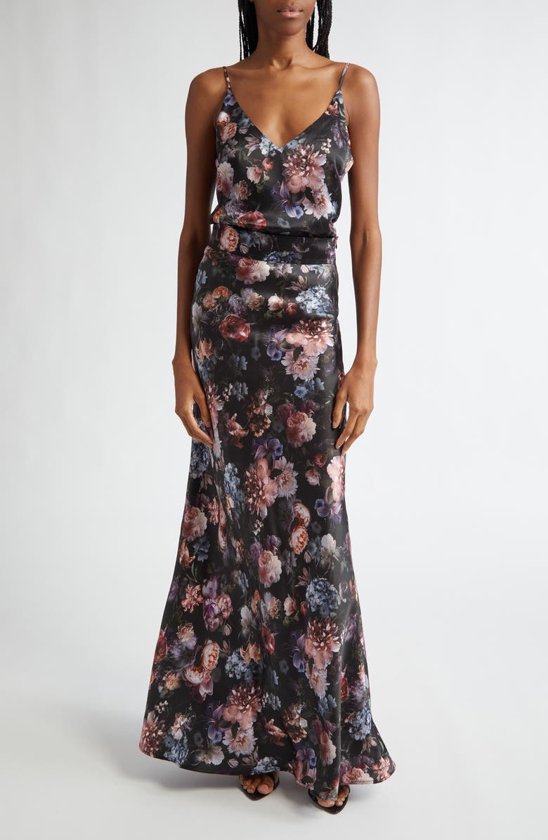 L'AGENCE Ryker Bias Cut Silk Maxi Skirt, Alternate, color, Black Multi Vintage Oil Flower