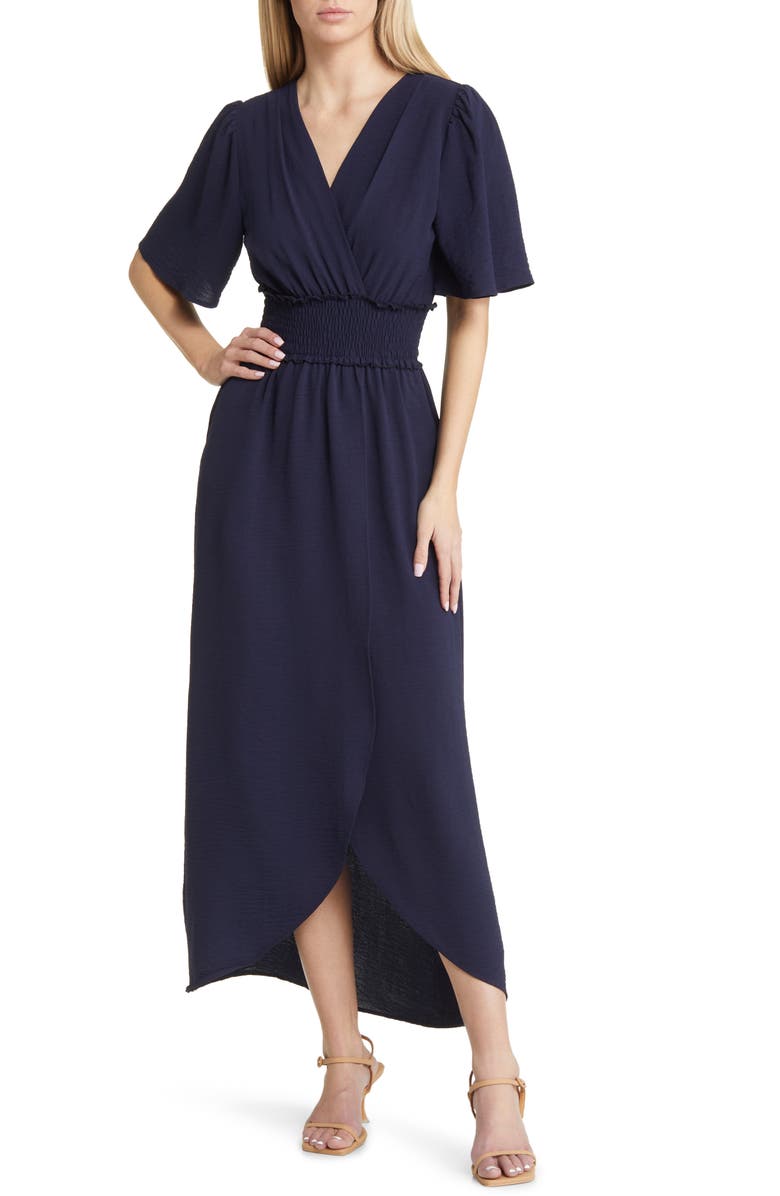 Fraiche by J Smocked Flutter Sleeve Tulip Hem Maxi Dress, Main, color,