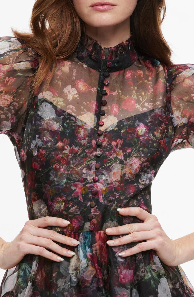 Alice + Olivia Vernita Floral Print Puff Sleeve Silk Minidress, Alternate, color, 