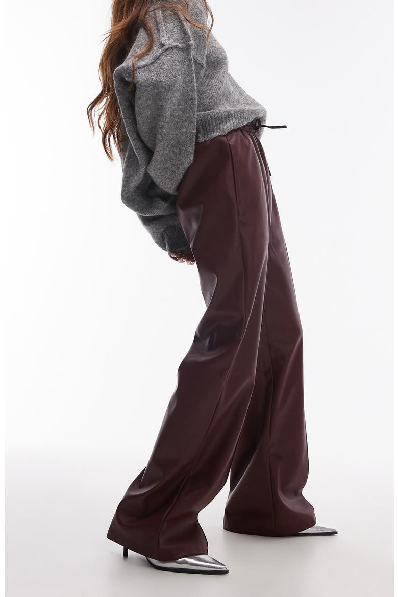 Faux Leather Wide Leg Drawstring Pants, Alternate, color, BURGUNDY