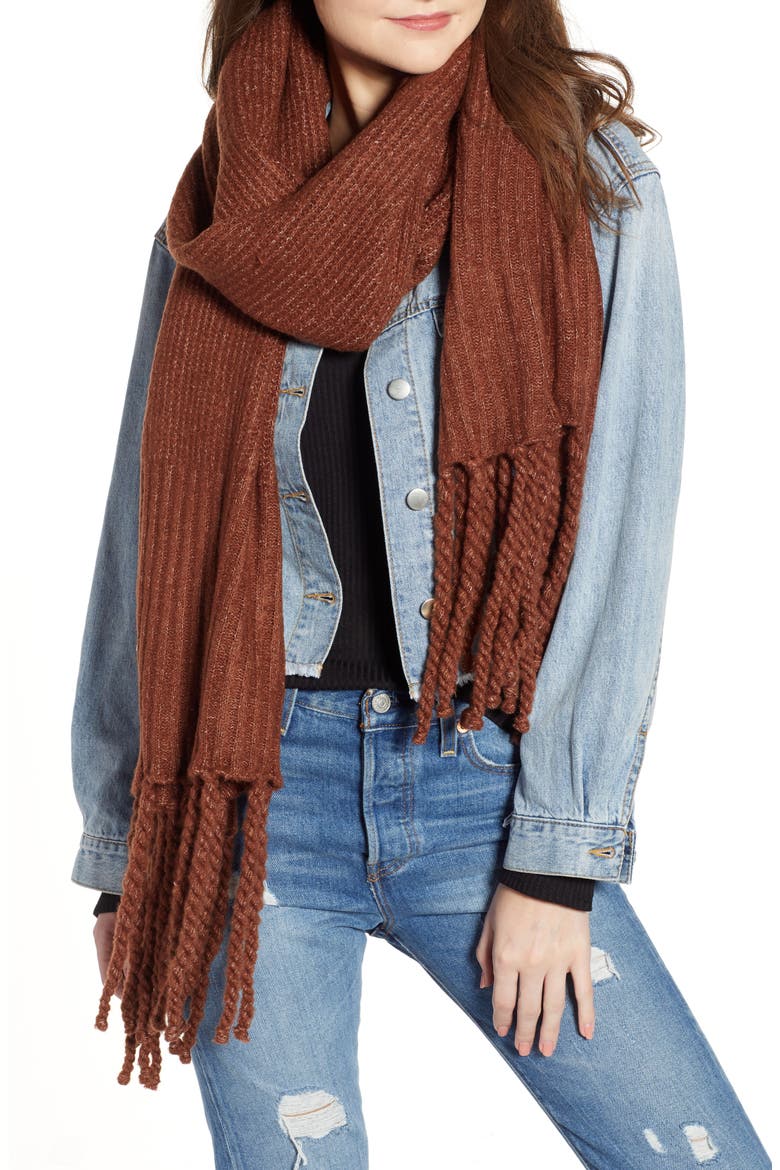 Jaden Rib Knit Blanket Scarf, Alternate, color, BROWN