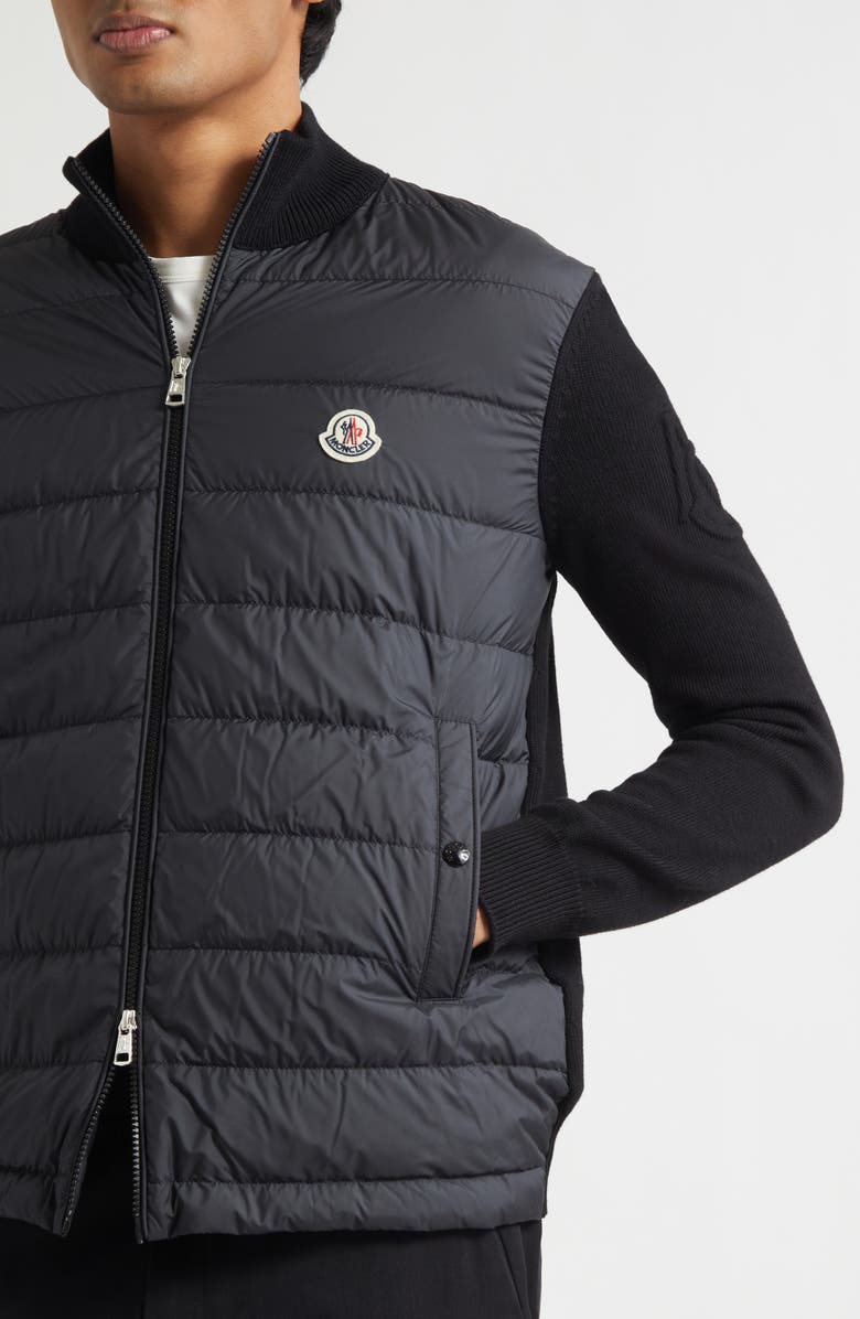 Moncler Padded Mixed Media Zip Cardigan, Alternate, color, Black