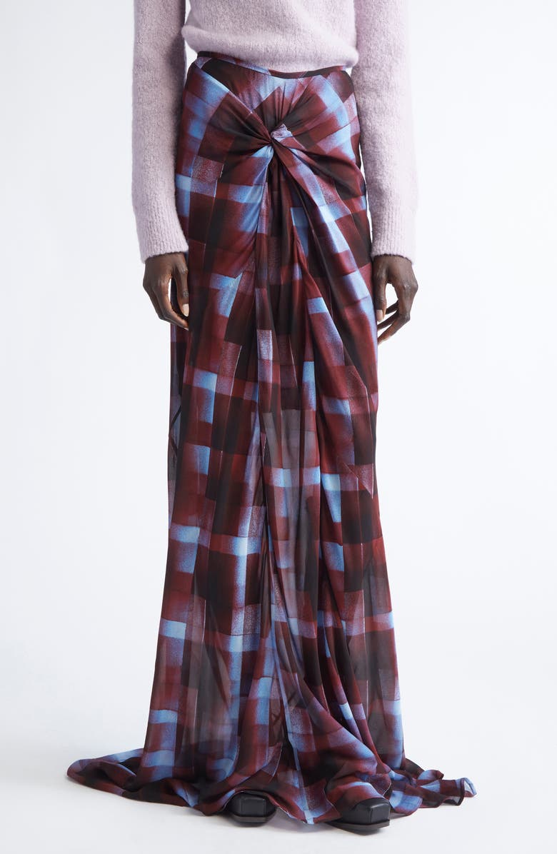 Dries Van Noten Smila Spray Painted Check Draped Maxi Skirt, Main, color, Burgundy