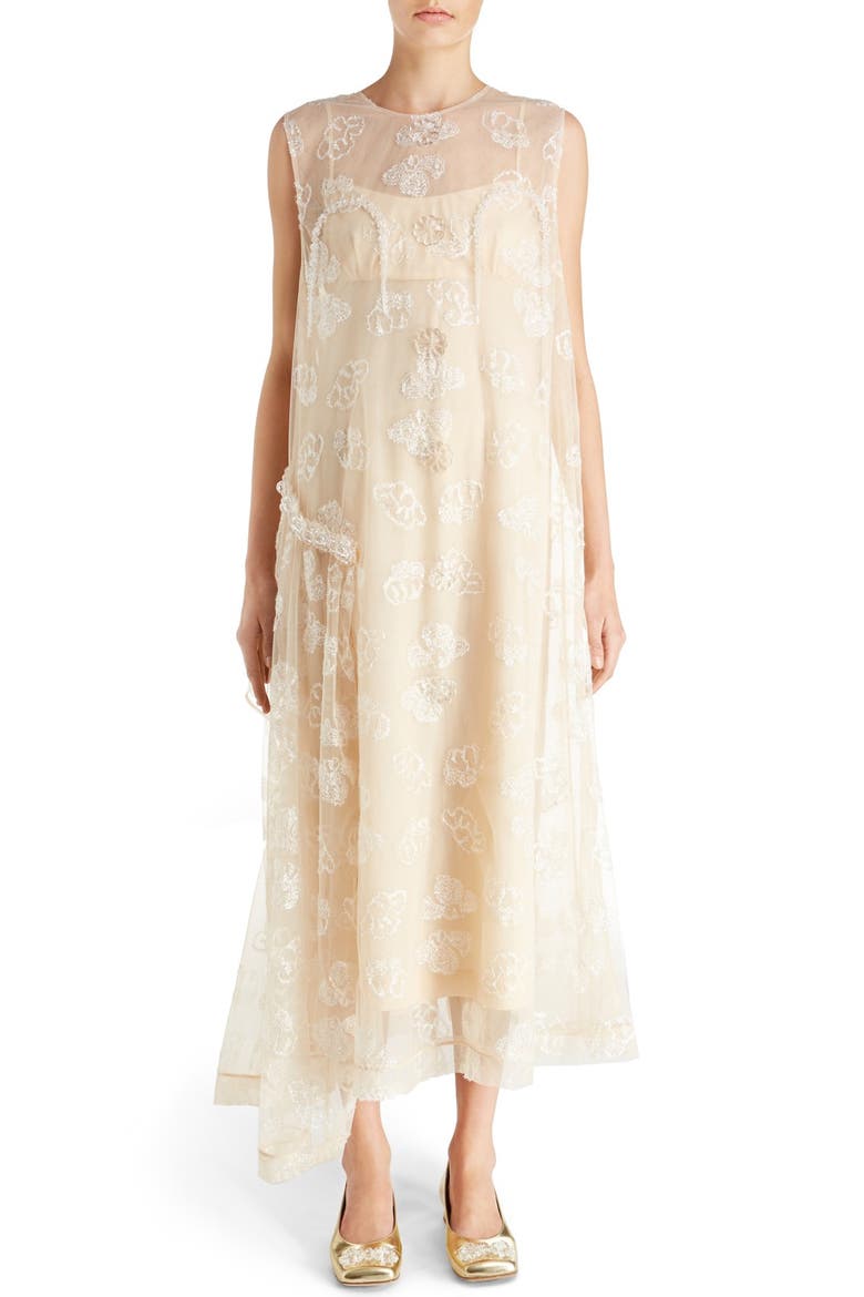 Tinsel Embroidered Button Front Chiffon Dress, Main, color, NUDE