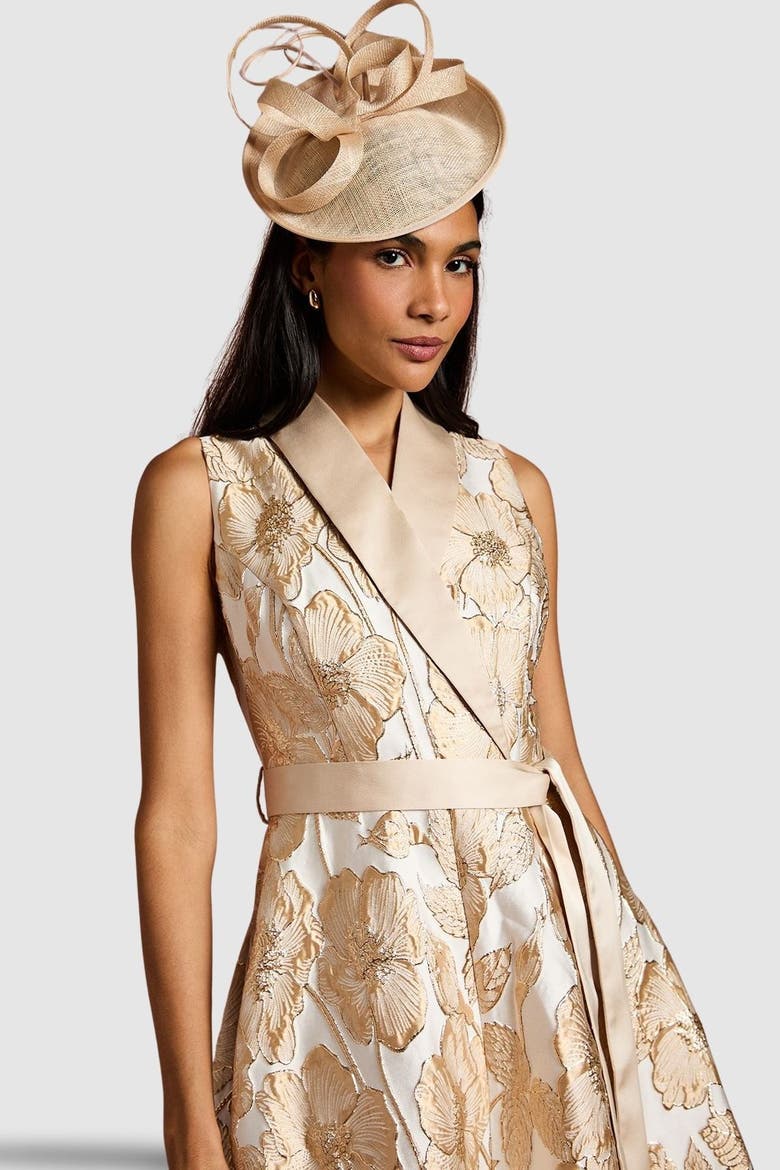 Sleeveless Tux Jacquard Midi Dress, Alternate, color, Champagne