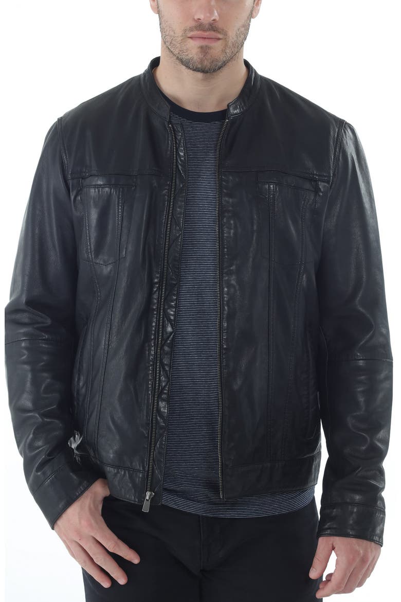 Band Collar Leather Trucker Jacket, Main, color, BLACK