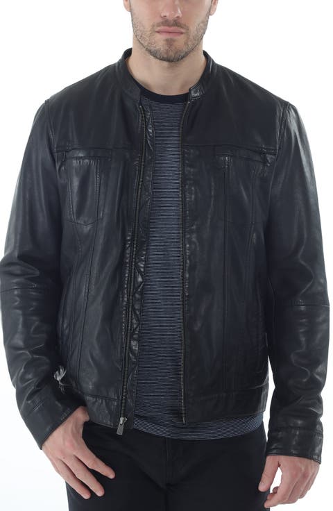 Band Collar Leather Trucker Jacket