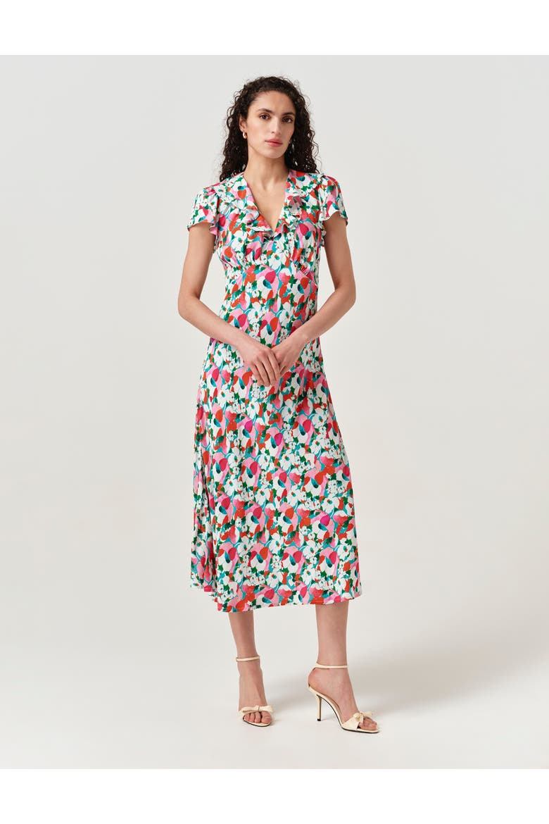 Kimmy Floral Frill Neck Crepe Midi Dress, Main, color, Pink Tulip