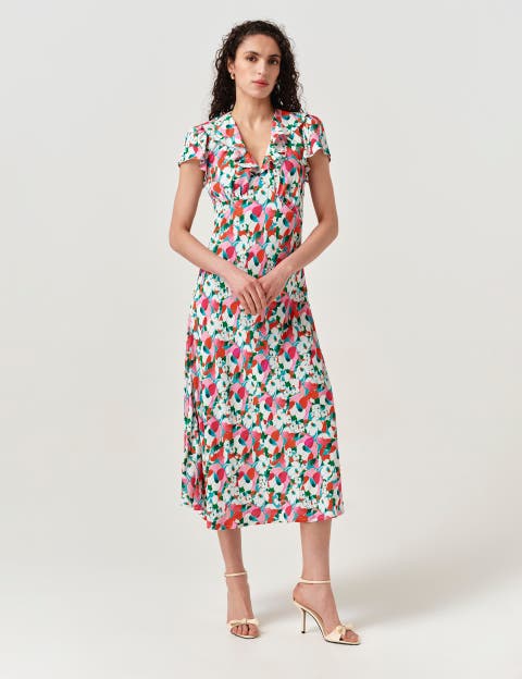 Kimmy Floral Frill Neck Crepe Midi Dress