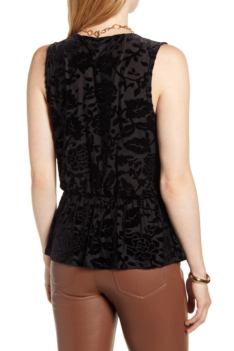 Flocked Sleeveless Peplum Top, Alternate, color, BLACK FLOCKED FLORAL
