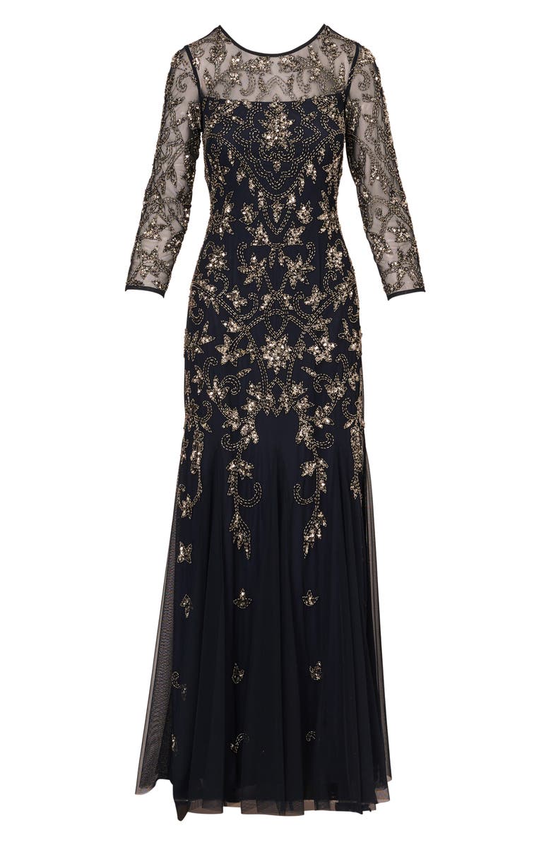 Adrianna Papell Beaded Long Sleeve Goddet Gown, Alternate, color, Midnight