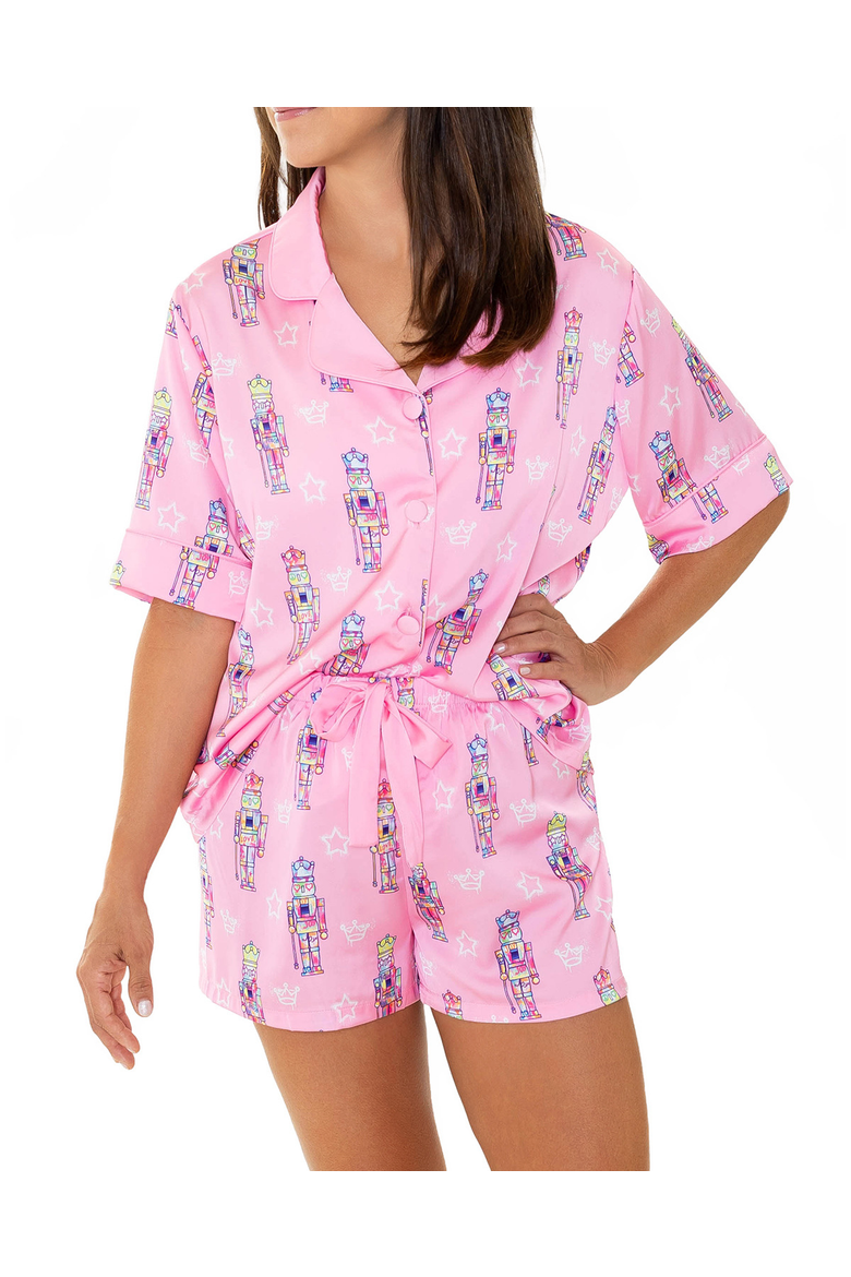 Graffiti Nutcracker Silky Short Sleeve Shorts Set, Main, color, Pink