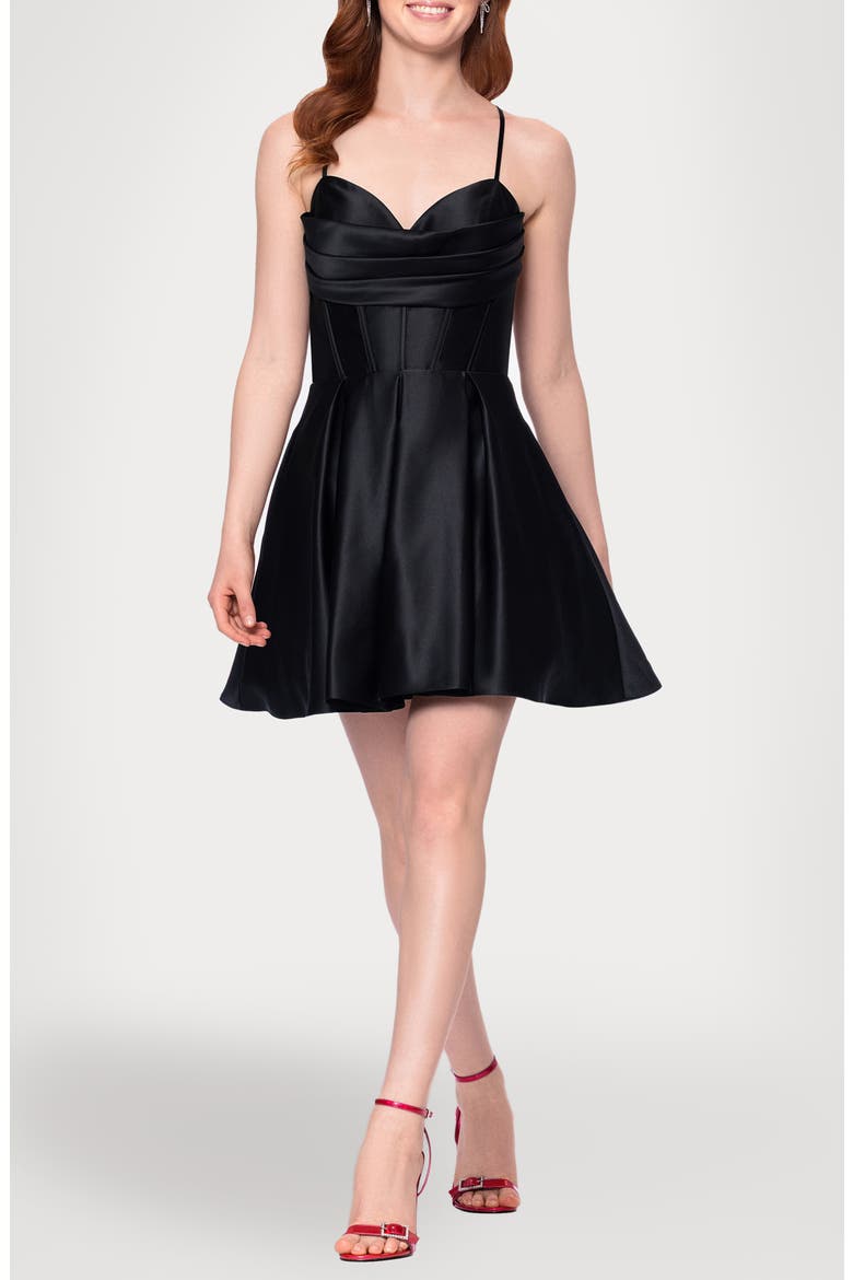 Corset Bodice Satin Cocktail Minidress, Main, color, BLACK
