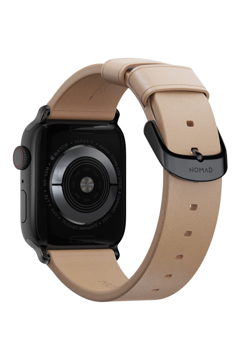 Modern Slim Leather 22mm Apple Watch® Watchband, Alternate, color, TAN/BLACK