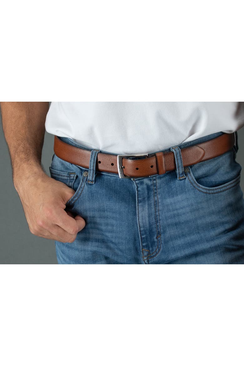 Gregorio 35mm Herringbone Embossed Feather Edged Leather Belt, Alternate, color, Cognac