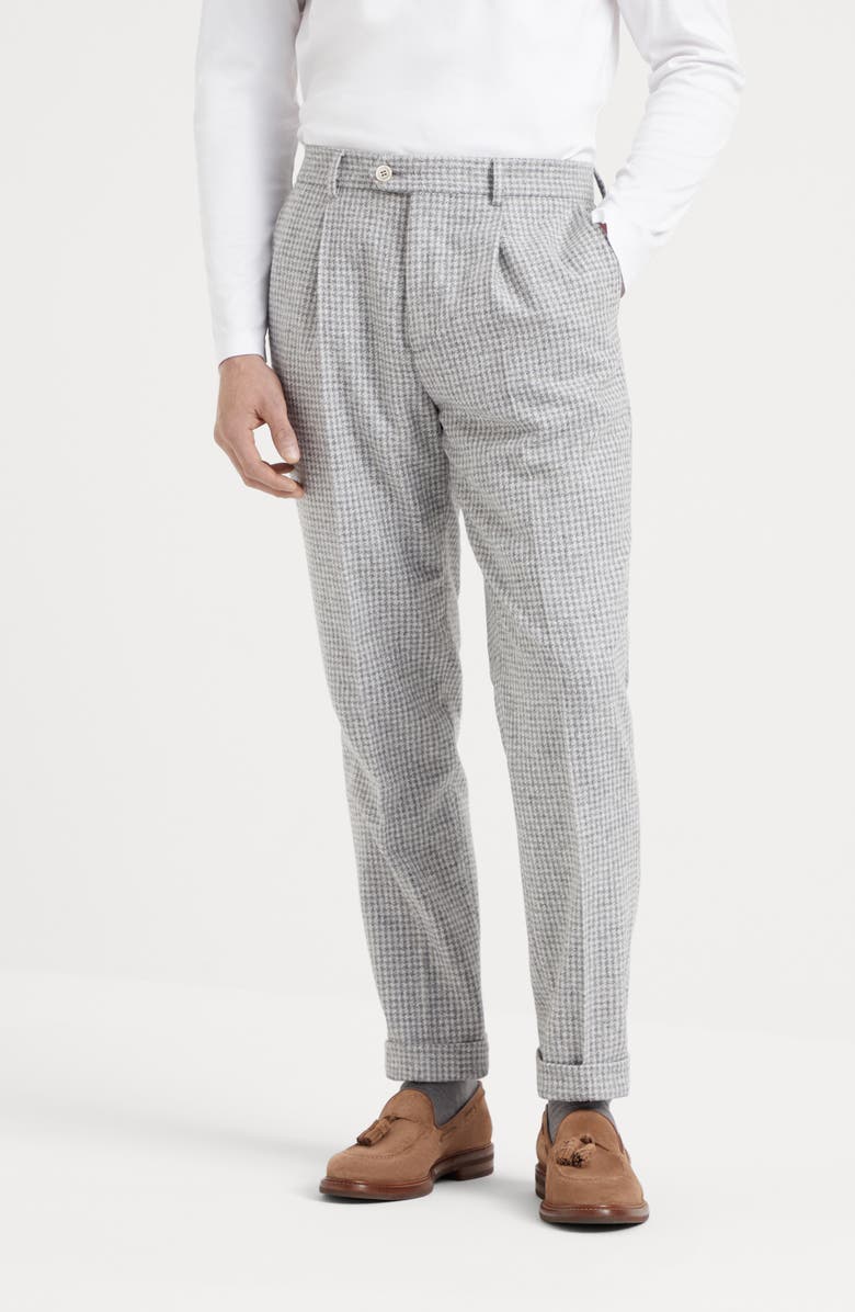 Brunello Cucinelli Alpaca, wool and cotton houndstooth leisure fit trousers with pleat, Alternate, color,