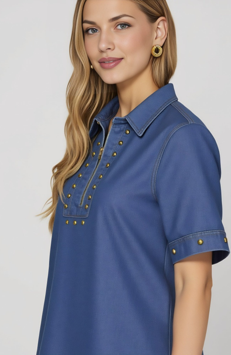 Modenaire Denim Studded Half Zip Mini Dress with Collar and Short Sleeves, Alternate, color, Blue