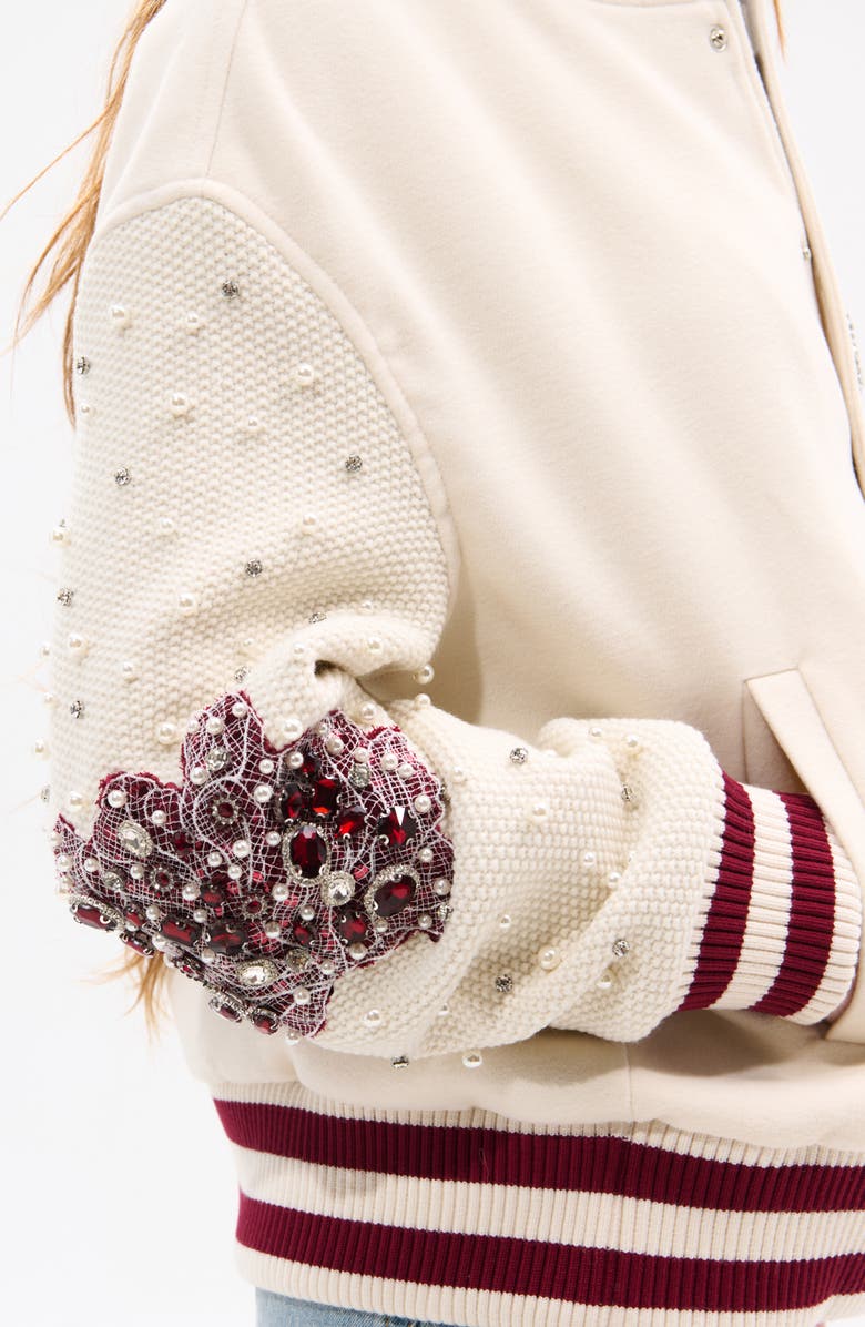 AZALEA WANG Crystal 13 Logo Bomber Jacket, Alternate, color, Cream Multi