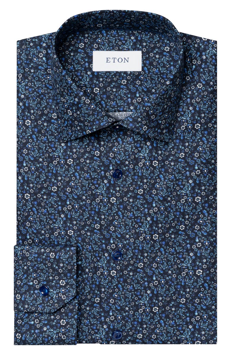 Eton Slim Fit Micro Floral Cotton Twill Dress Shirt, Alternate, color, Blue