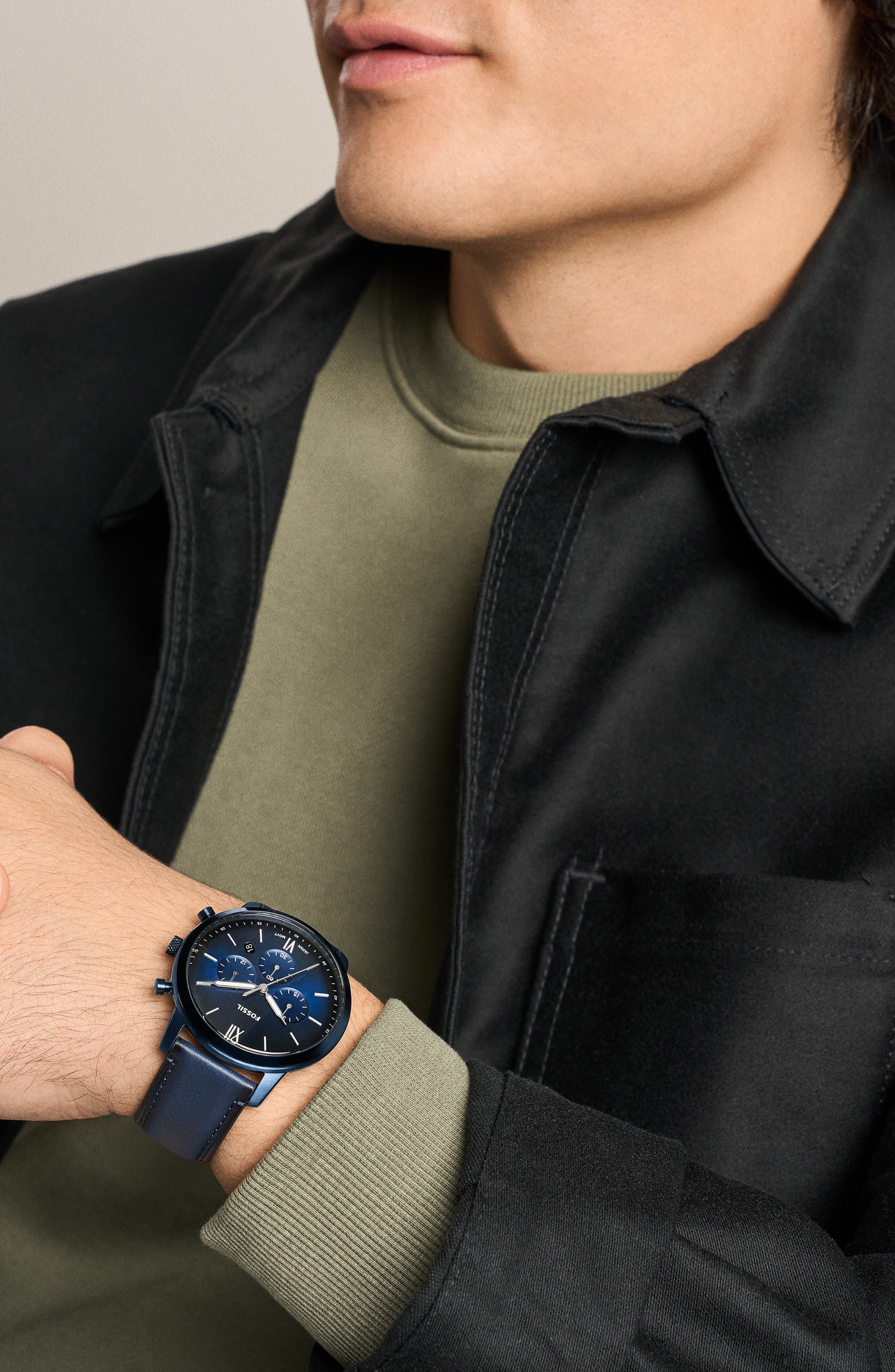 Fossil Neutra Blue Chronograph Leather Strap Watch, 44mm (Men