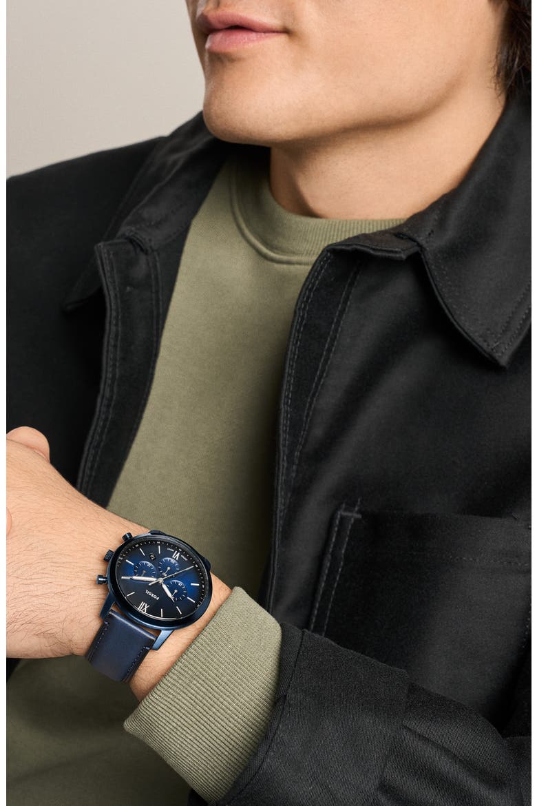 Neutra Blue Chronograph Leather Strap Watch, 44mm, Alternate, color, NAVY