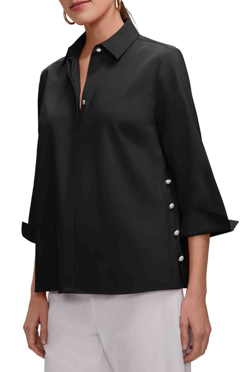 Foxcroft Beatrice Matte Satin Side Button Shirt, Main, color, Black