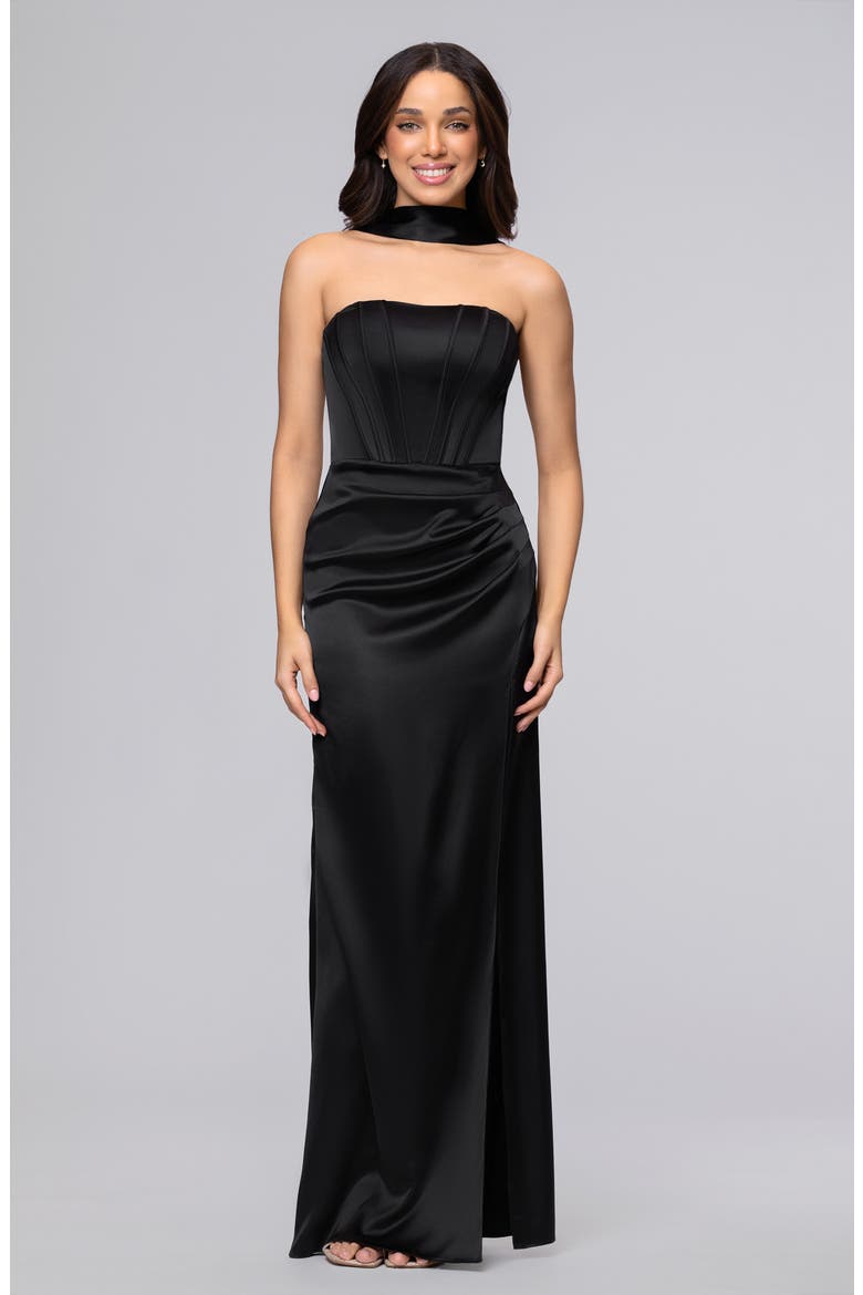 Scarf Detail Strapless Corset Gown, Alternate, color, BLACK