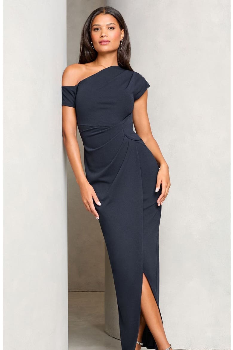 One Shoulder Satin Cocktail Maxi Dress, Alternate, color, NAVY