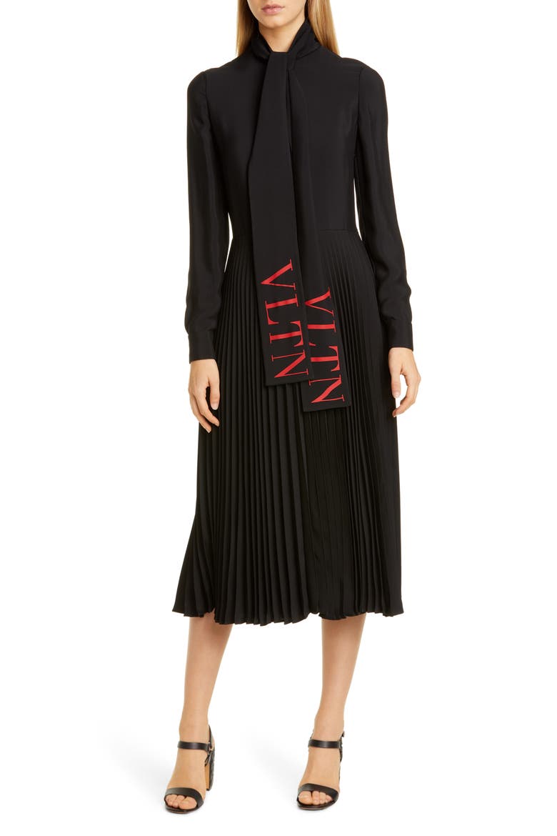 VLTN Logo Tie Neck Long Sleeve Midi Dress, Main, color, BLACK/ RED