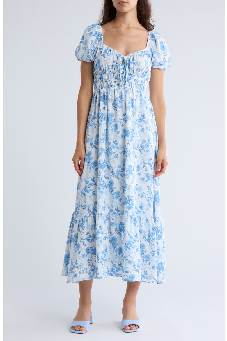Floral Puff Sleeve Midi Dress, Main, color, BLUE MULTI